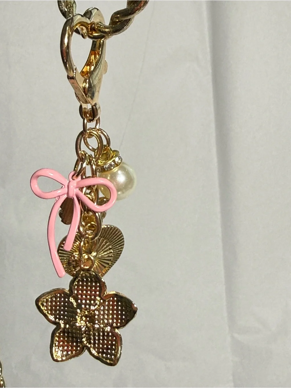 Pink Heart & Flower Charm Keychain with Pearls